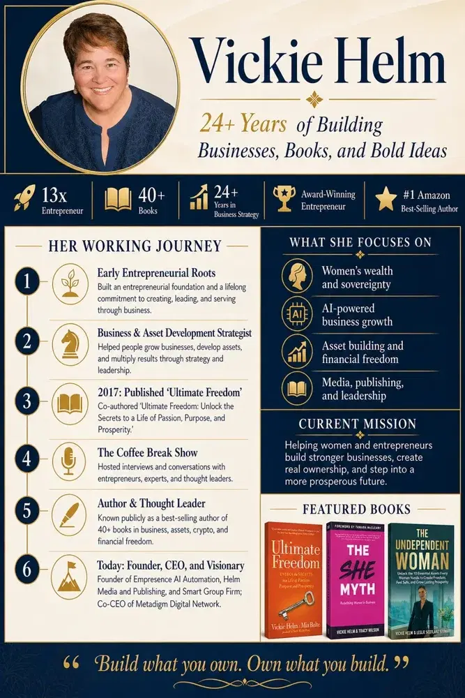 Vickie Helm’s biography and business background from the original website